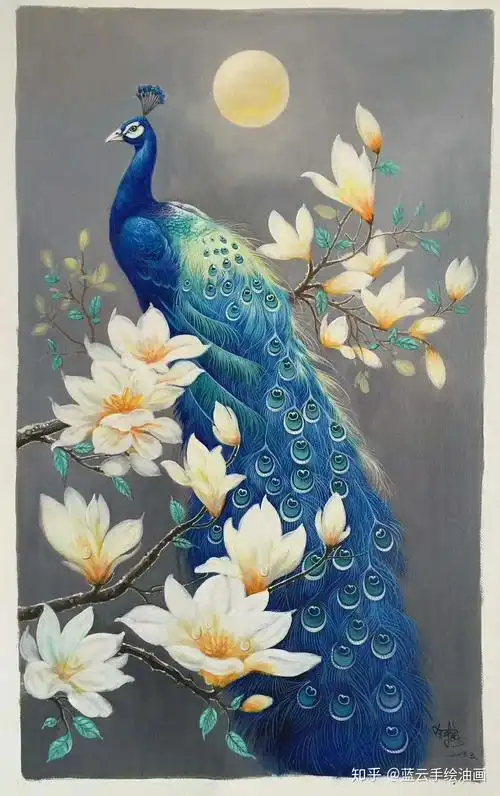 客厅入户玄关油孔雀挂画