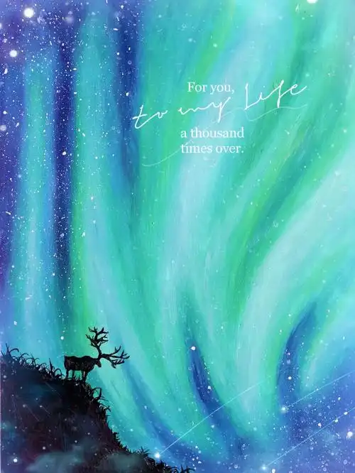 刚好@神经笔老师周末的直播带画的就是一张美美的有薄荷绿的极光,又美