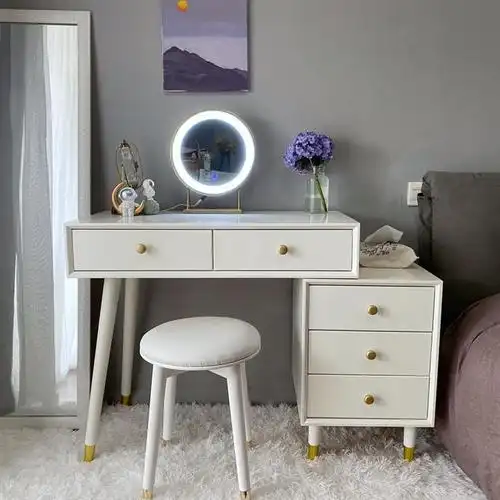 全实木现代简约小户型ins风轻奢网红多功能卧室梳妆台床头柜带灯