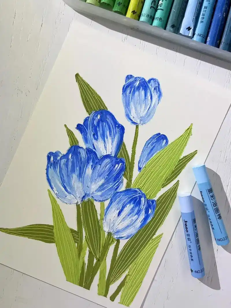 油画棒」97蓝色郁金香 | 是治愈的花呀.春天最适合画郁金香 - 抖音
