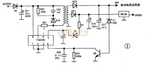 该机副电源电路很简单,如图1所示,采用的电源芯片是fsd200,输出两组