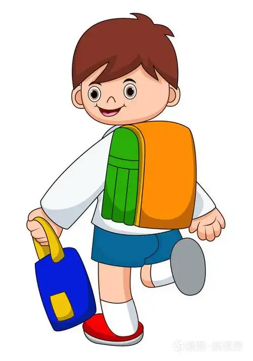 可爱男孩上学路上的矢量插图