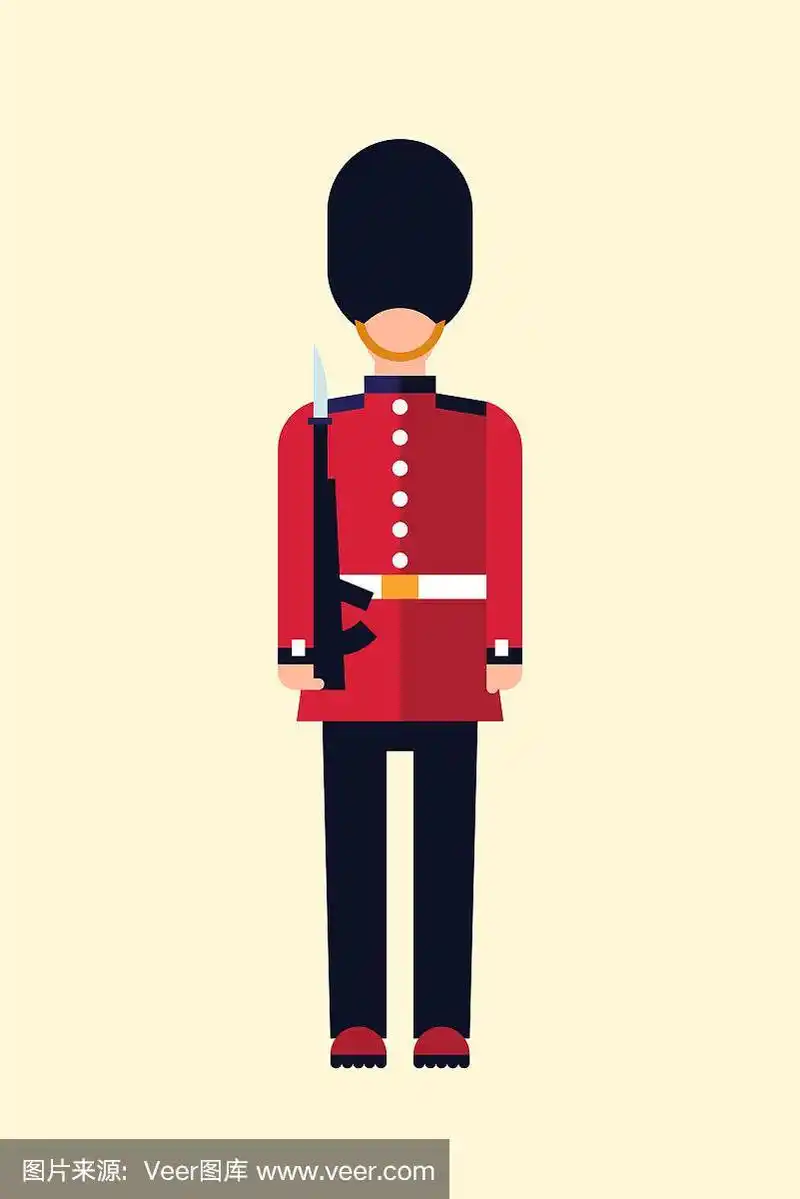 伦敦女王守卫矢量平面插图一名英国士兵穿着制服与枪.