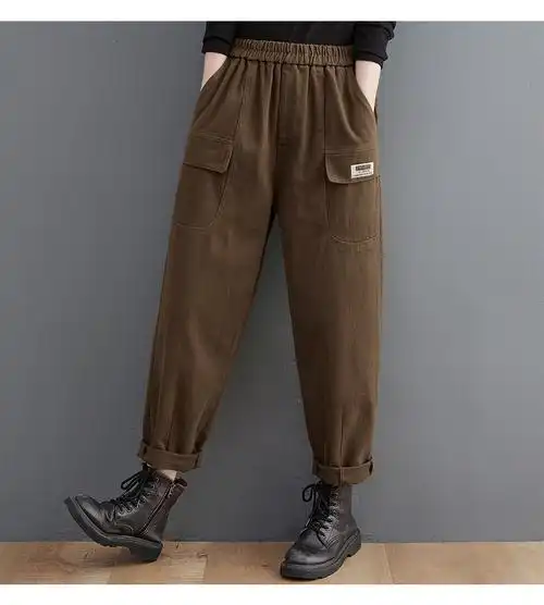 胖妹妹宽松显瘦哈伦裤文艺纯色休闲长裤大码女秋冬加厚高腰萝卜裤