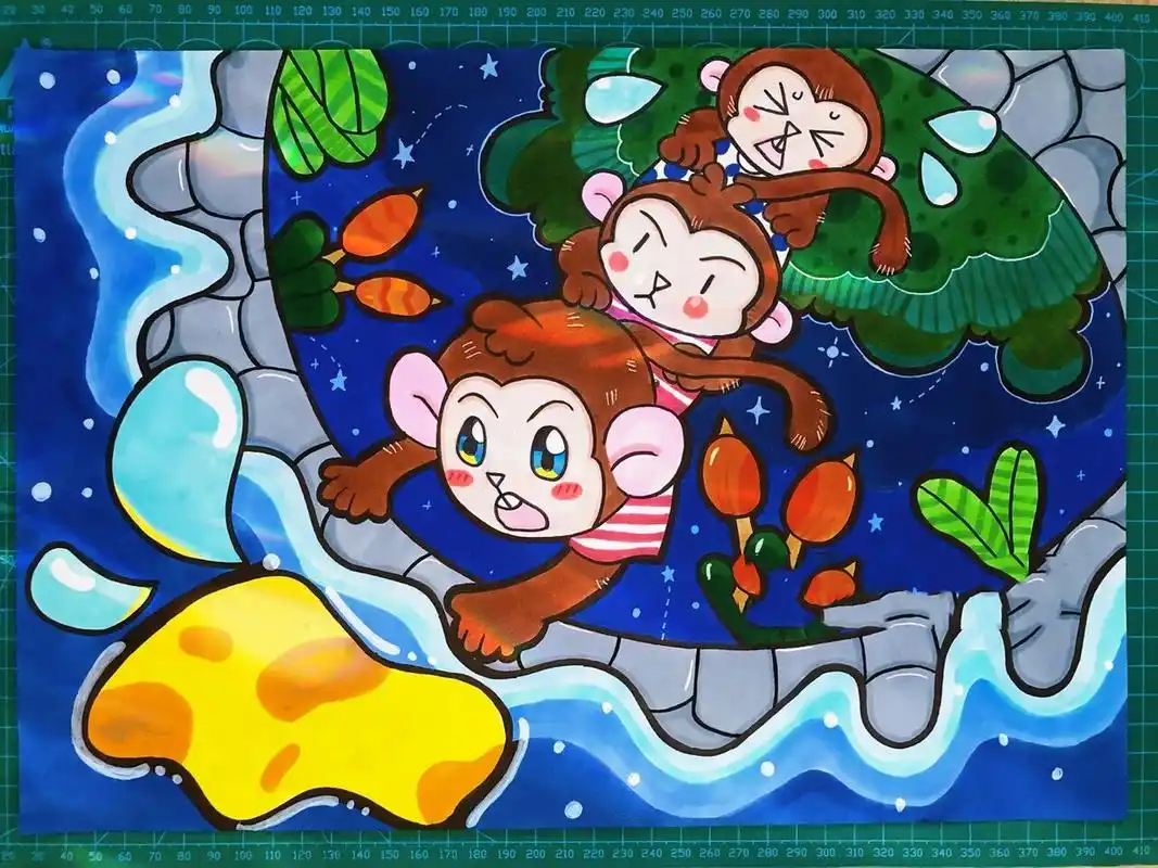 彩色儿童画——小猴子捞月