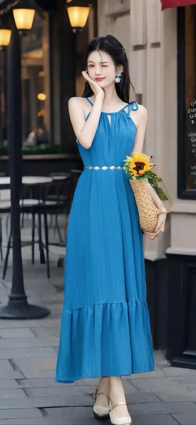 99法式复古风,优雅显白蓝长裙.