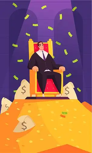 有钱人财富符号卡通组成与百万富翁在宝座上黄金宝座沐浴在金钱矢量图