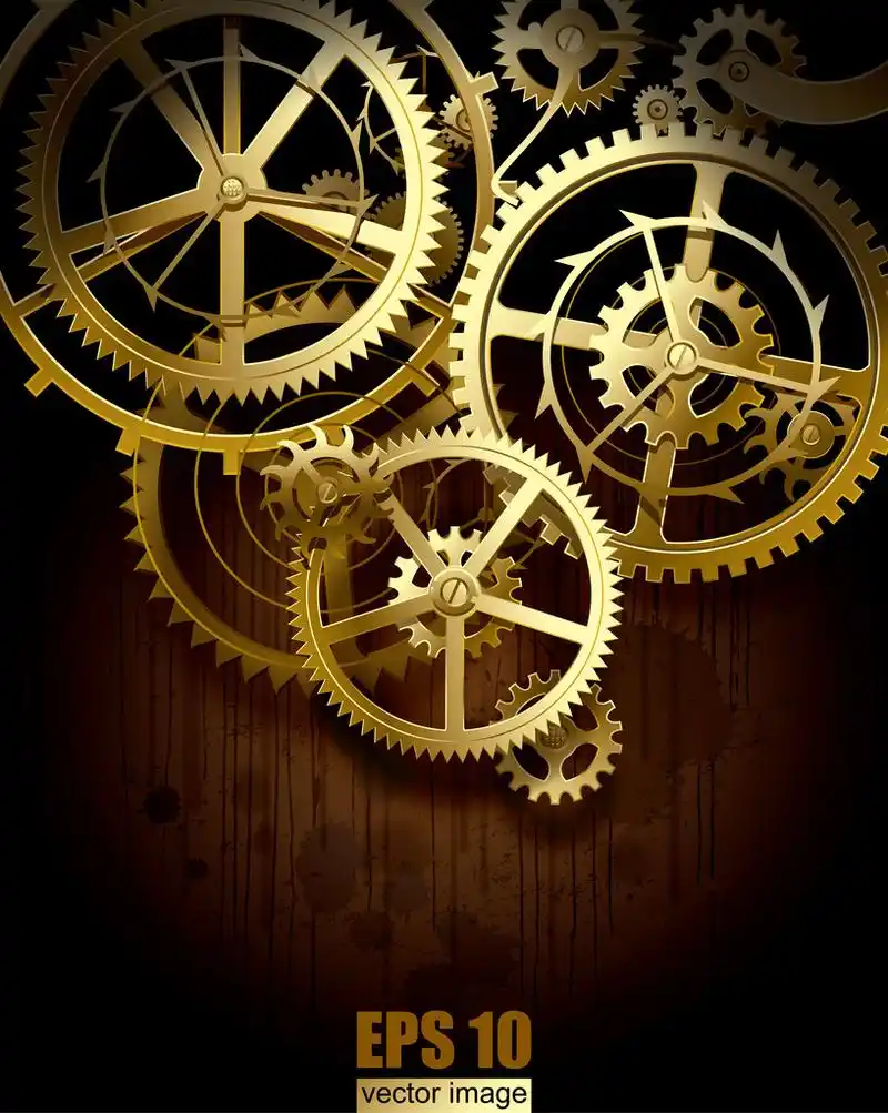 齿轮,矢量与金色齿轮与墨水的深色脏表面上的背景