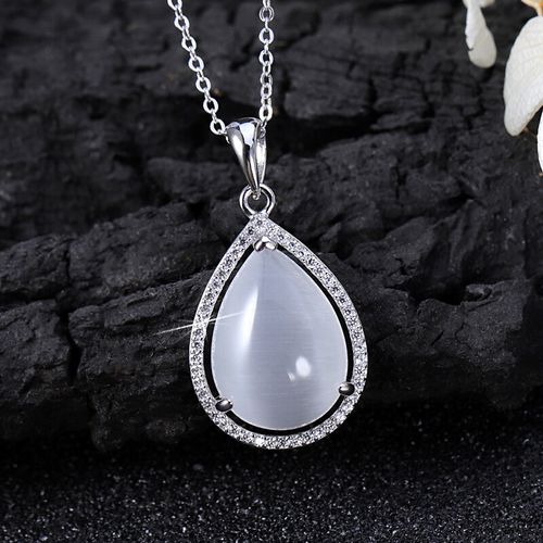 s925银吊坠女简约大水滴形项链银饰微镶嵌白色石头银坠子气质项坠