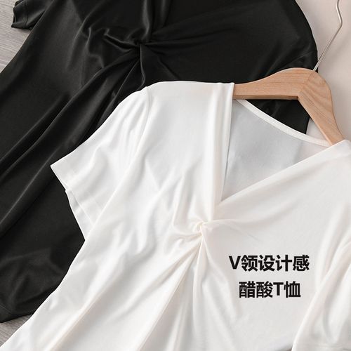 设计款 显瘦v领短袖醋酸t恤女夏季爽滑透气醋酸领口打结v领t恤衫