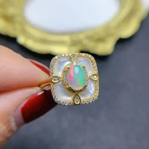 坤爱珠宝跨境彩宝首饰925银镶嵌天然欧泊戒指配贝母活