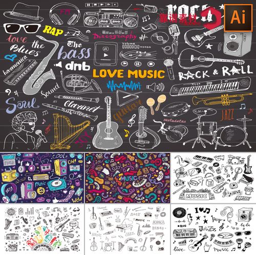 手绘线描线条素描黑板风格音乐节摇滚背景墙矢量插画设计素材