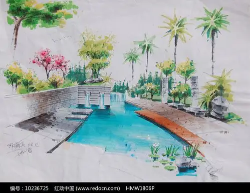 水池跌水彩色手绘