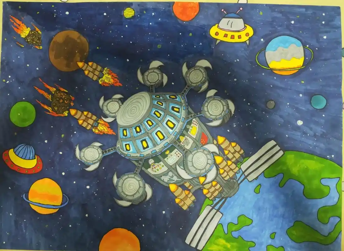 《陨石监测拦截器》 荣获县级科技创新大赛科幻画小学组一等奖 作品