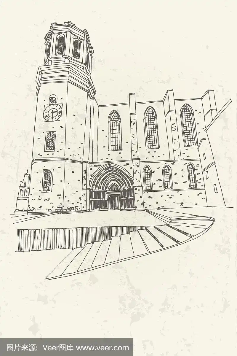 热罗纳大教堂的矢量素描.西班牙.