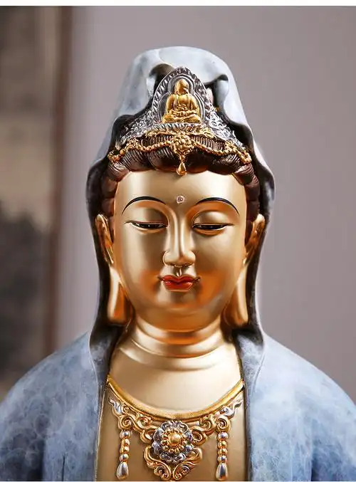 盛凡贴金箔自在南海观音佛像铜像纯铜金身家供禅定彩绘观世音菩萨摆件
