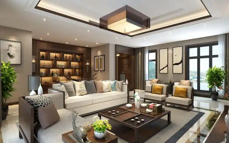 客厅茶室一体,中式暗木色系,古典淡雅,不失大气