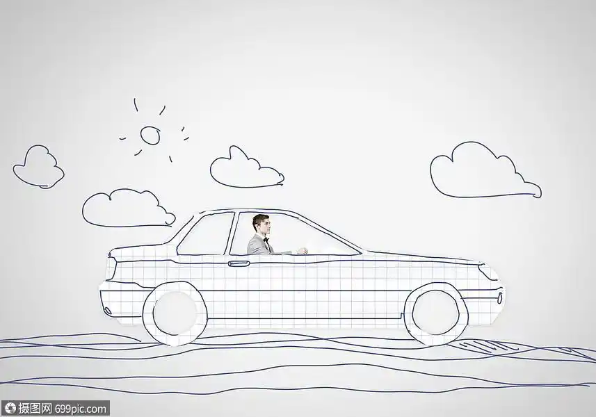 开车的人轻人开着张纸的车小孩素描