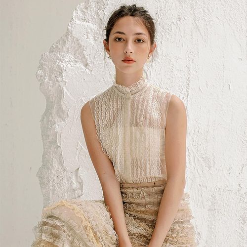 越南品牌chim yen2022夏季新款无袖蕾丝小高领上衣 木耳边半裙