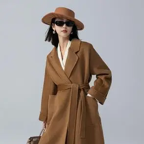 宽松双面呢羊绒大衣女小个子系带秋冬款毛呢外套骆驼绒大衣中长款