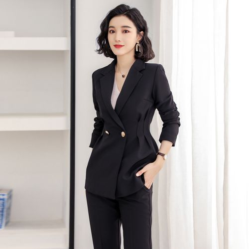 诗璐雅春秋职业装西装套装女黑色收腰长袖西服套裤正装白领工作服