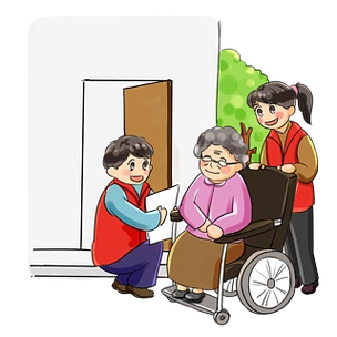 志愿者做公益系列卡通手绘q版给老人推轮椅