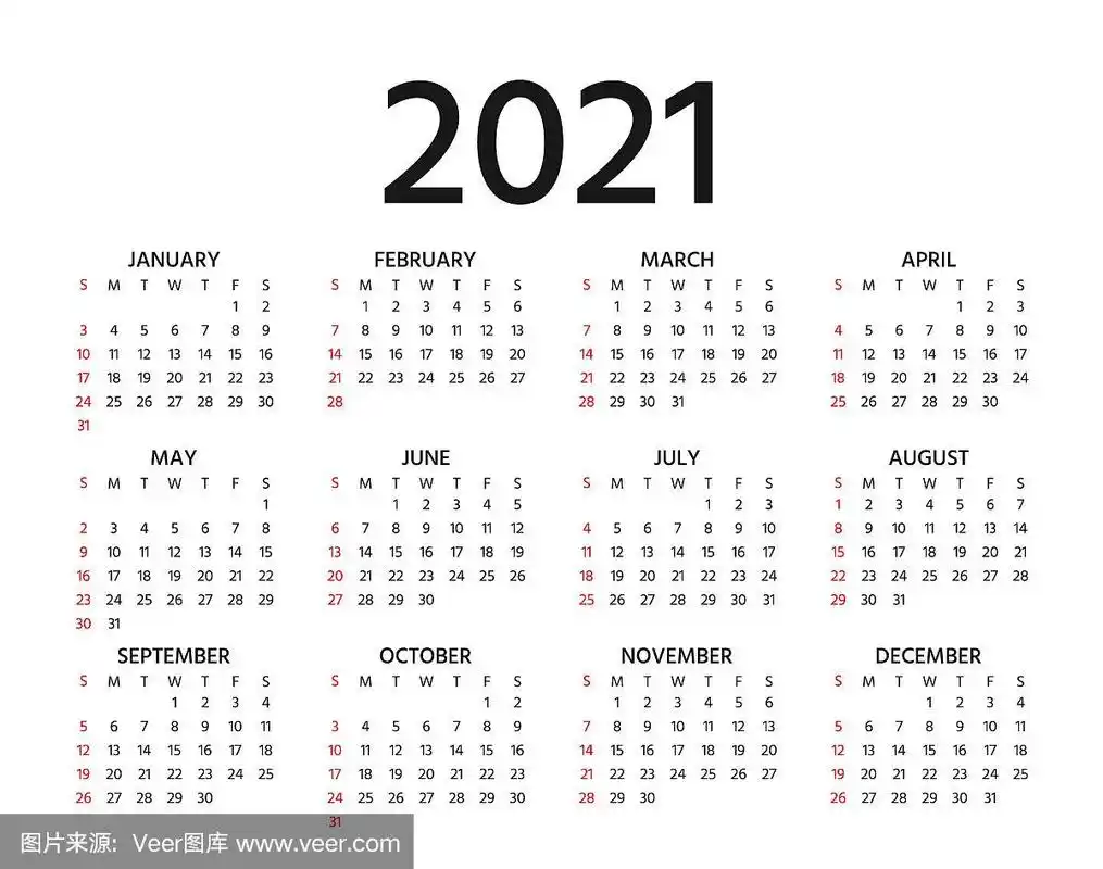 2021年日历.矢量插图.模板一年计划.