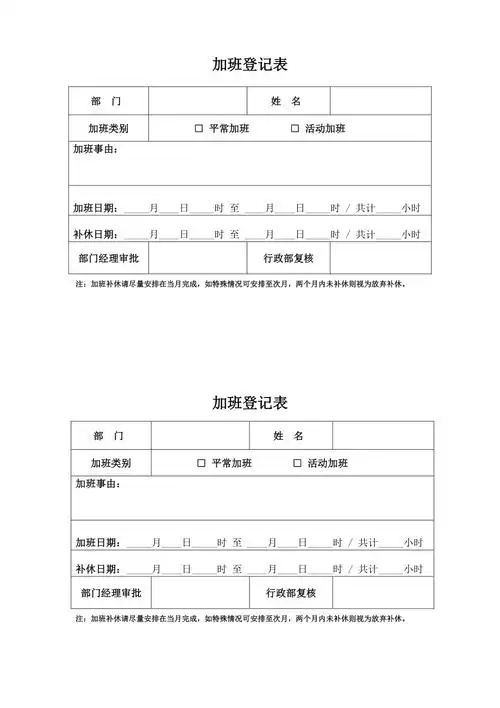 全屋定制衣柜家具公司门店加班登记表(1页).doc