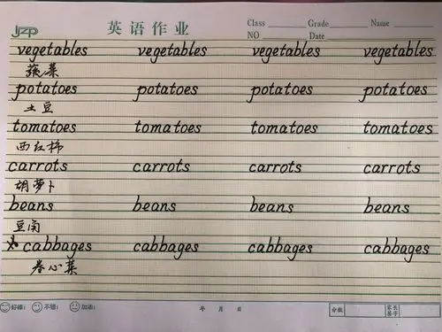 2.照样子书写本课蔬菜单词,提交"家校本".