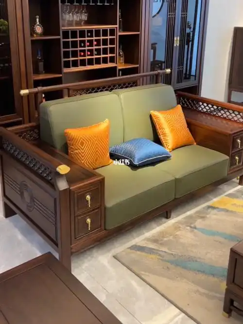 新中式乌金木全实木真皮沙发典雅高贵