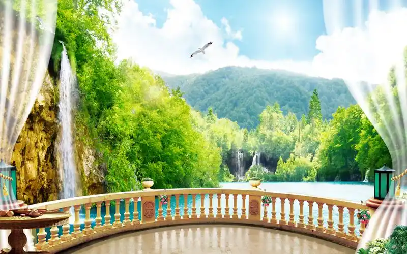 瀑布流水生财山水海鸥蓝天白云湖泊窗帘阳台背景墙