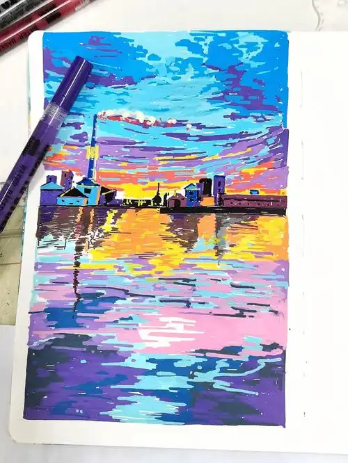 丙烯马克笔日落