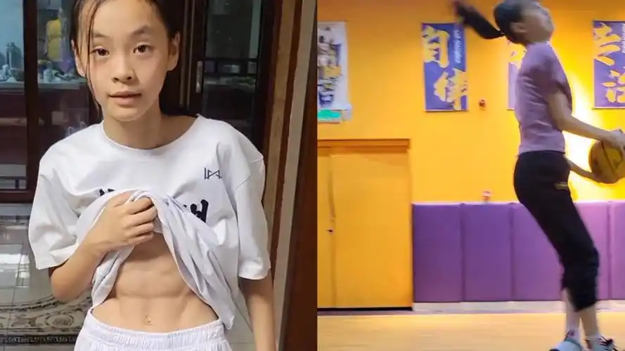 12岁女孩每天打篮球三小时,撩起衣服喜提8块腹肌,姿势太帅