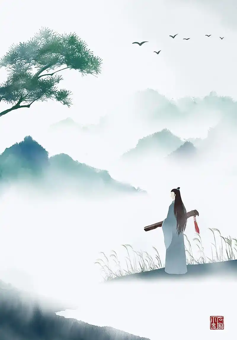 古风插画抱古琴