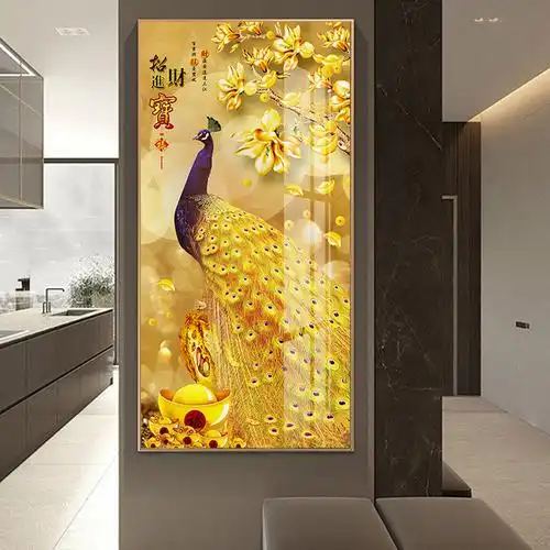 新中式玄关装饰画孔雀开屏钻石画走廊入户挂画寓意好客厅尽头壁画