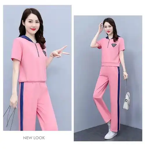 连帽休闲运动服套装女夏季新款宽松时尚减龄粉色短袖阔腿裤一整套
