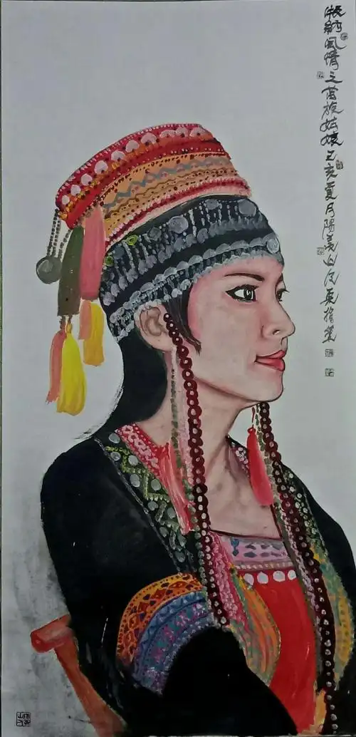 中国著名指画家张再元指笔人物画《版纳风情》专辑及题款诗鉴赏