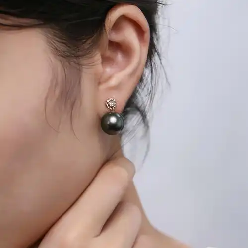 18k金12-13mm中黑大溪地黑珍珠耳饰/钻石耳饰/耳环