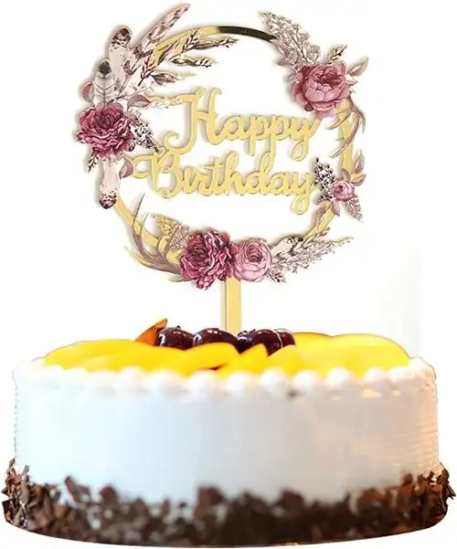 金色亚克力花朵蛋糕装饰生日快乐金色亚克力生日蛋糕装饰女孩孩子婴儿