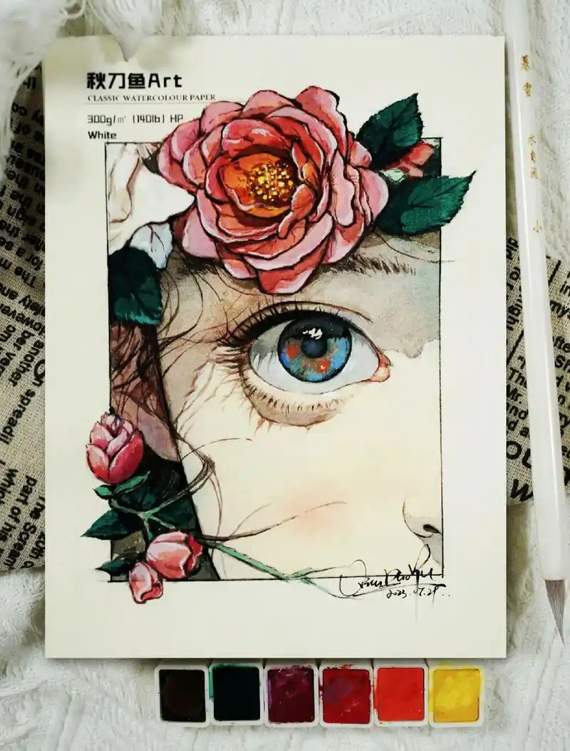 水彩插画|花丛眼眸,与花比娇.#水彩 #画画 #手绘 #治愈 - 抖音