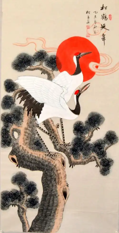 中堂纯手稿松年四尺松鹤延年国画山水送礼贺祝寿客厅字画竖幅