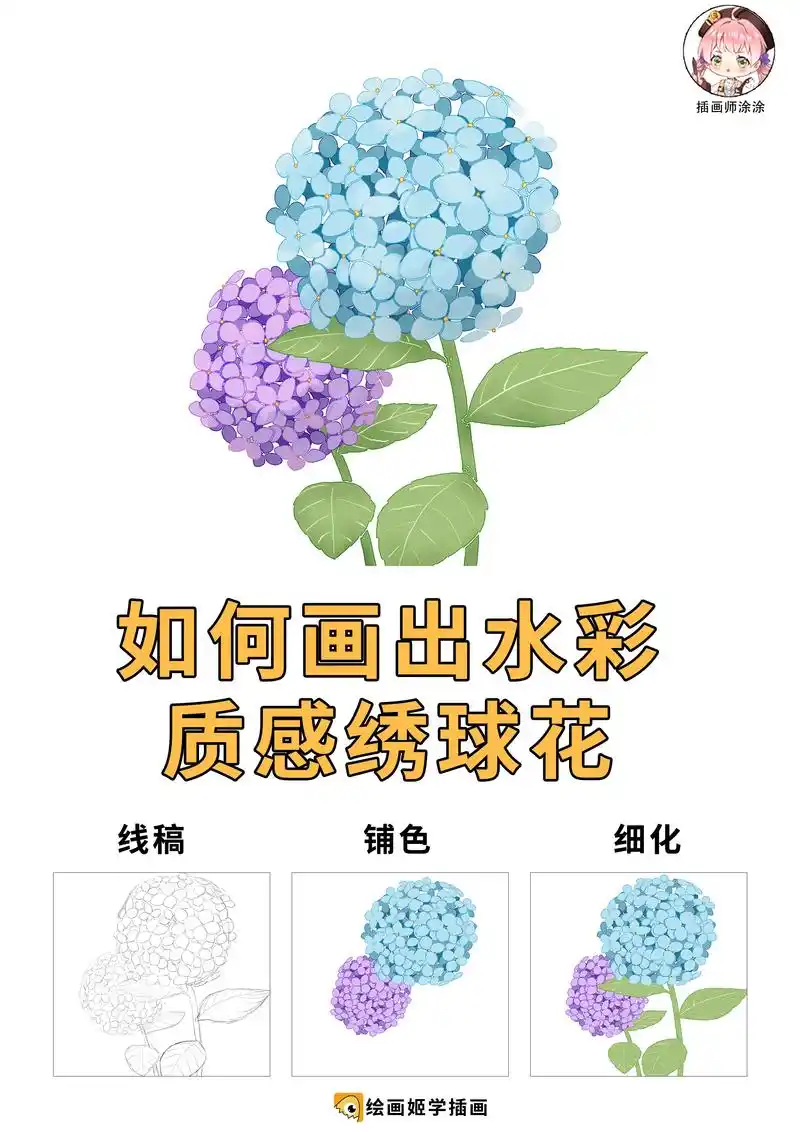 绘制水彩质感的绣球花,九个步骤就搞定!#插画小技巧 #水彩 - 抖音
