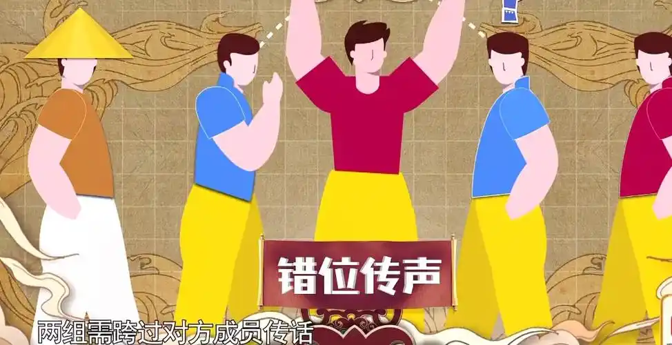 第一个游戏环节是错位传声,就是传声筒的升级版,两组需要跨过对方成员