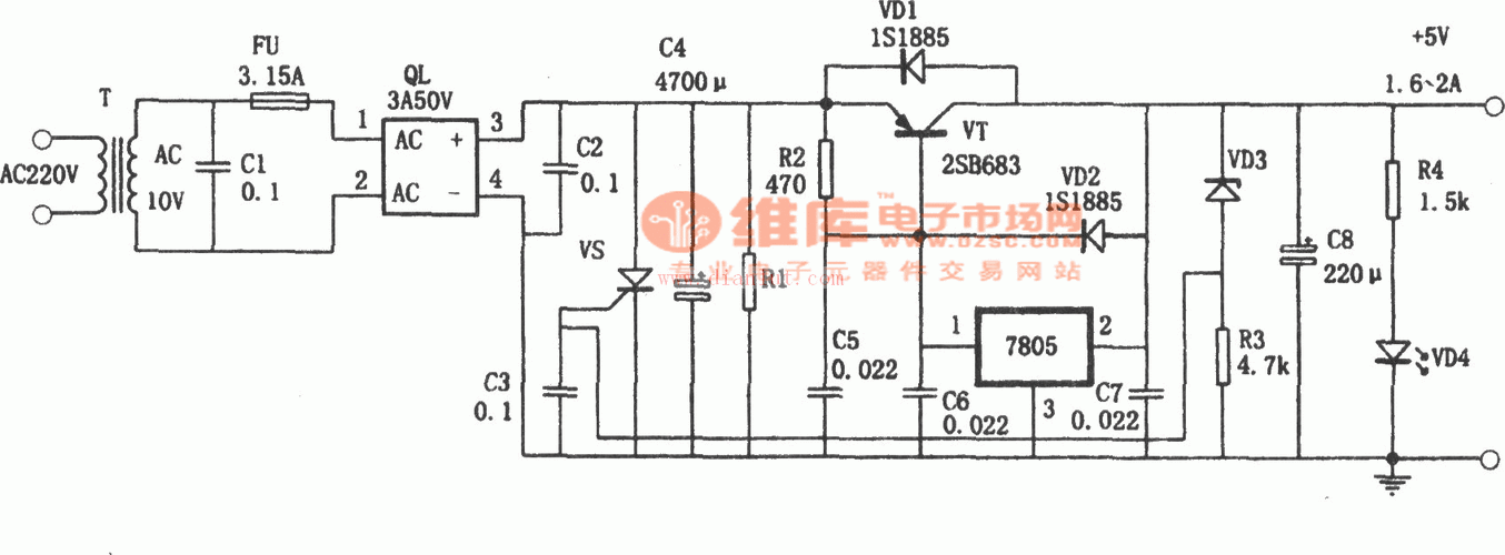 具有扩流和过压保护功能的 5v稳压电源(7805)--电路图-技术资料-华强