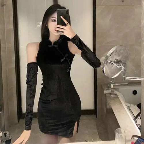 春夏名媛气质性感改良短款旗袍开叉修身包臀连衣裙配袖套