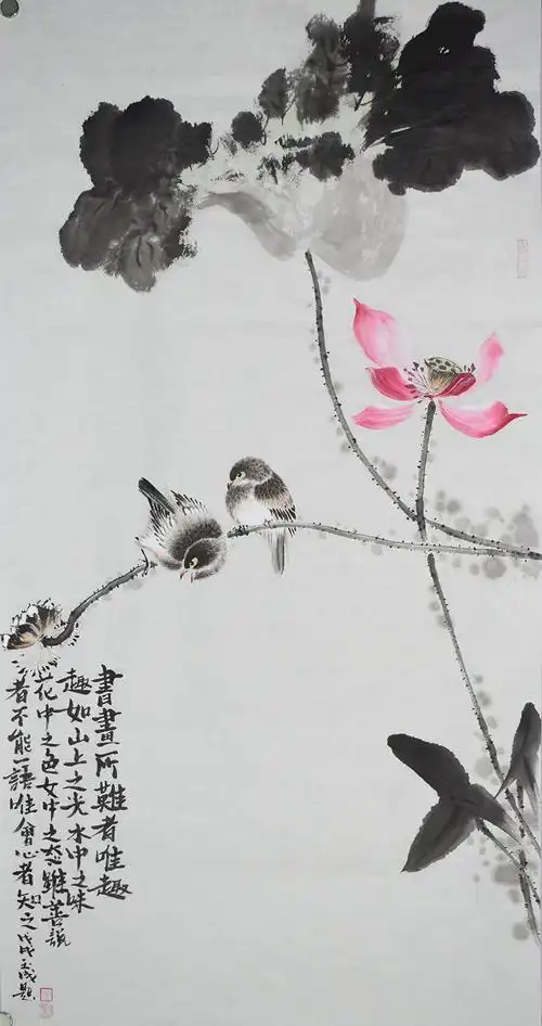 邓老师1现代画家写意三尺花鸟_写意荷花_荷花_花鸟_国画_装饰作品_园