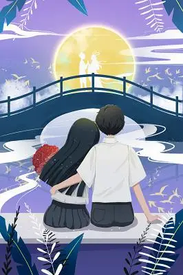 卡通手绘七夕情人节情侣背影原创插画海报素材