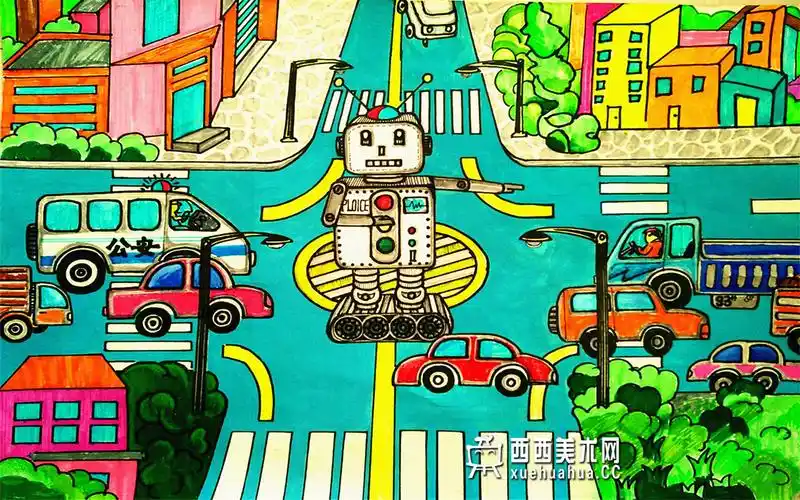 三等奖少儿科幻画《智能化交通警察》