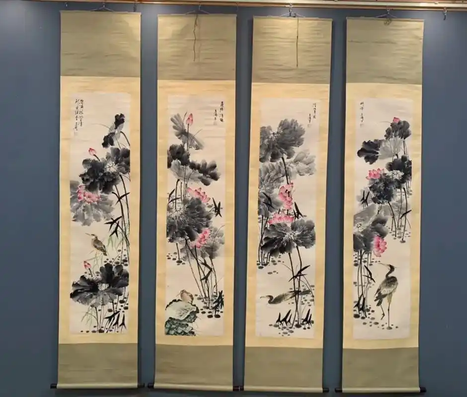 王雪涛荷塘四条屏单条画心46178厘米