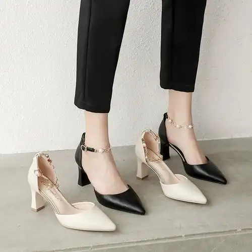 时尚女士跟鞋韩版尖头浅口粗跟中空鞋新款2020春秋季